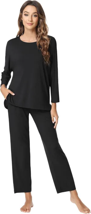 NACHILA Women's Pajamas -Viscose Made from Bamboo, Long Sleeve Pajama Set Soft Pants Sleepwear Crew Neck Pj with Pockets