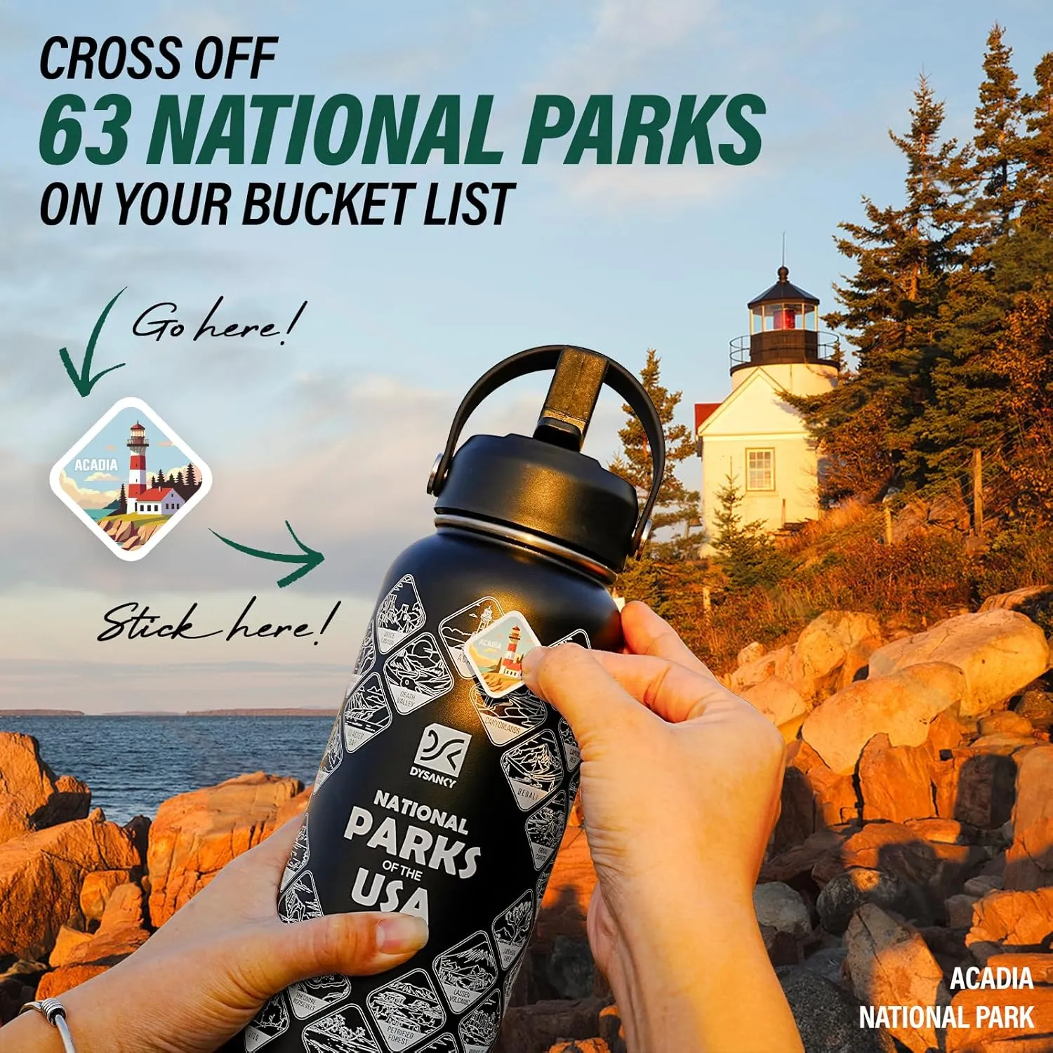 National Parks Water Bottle – 40 oz Insulated Stainless Steel Thermos with 63 Hand-Drawn Park Stickers, Outdoor Accessories & Gift Box – BPA-Free – Ideal for Hiking, Camping & Travel