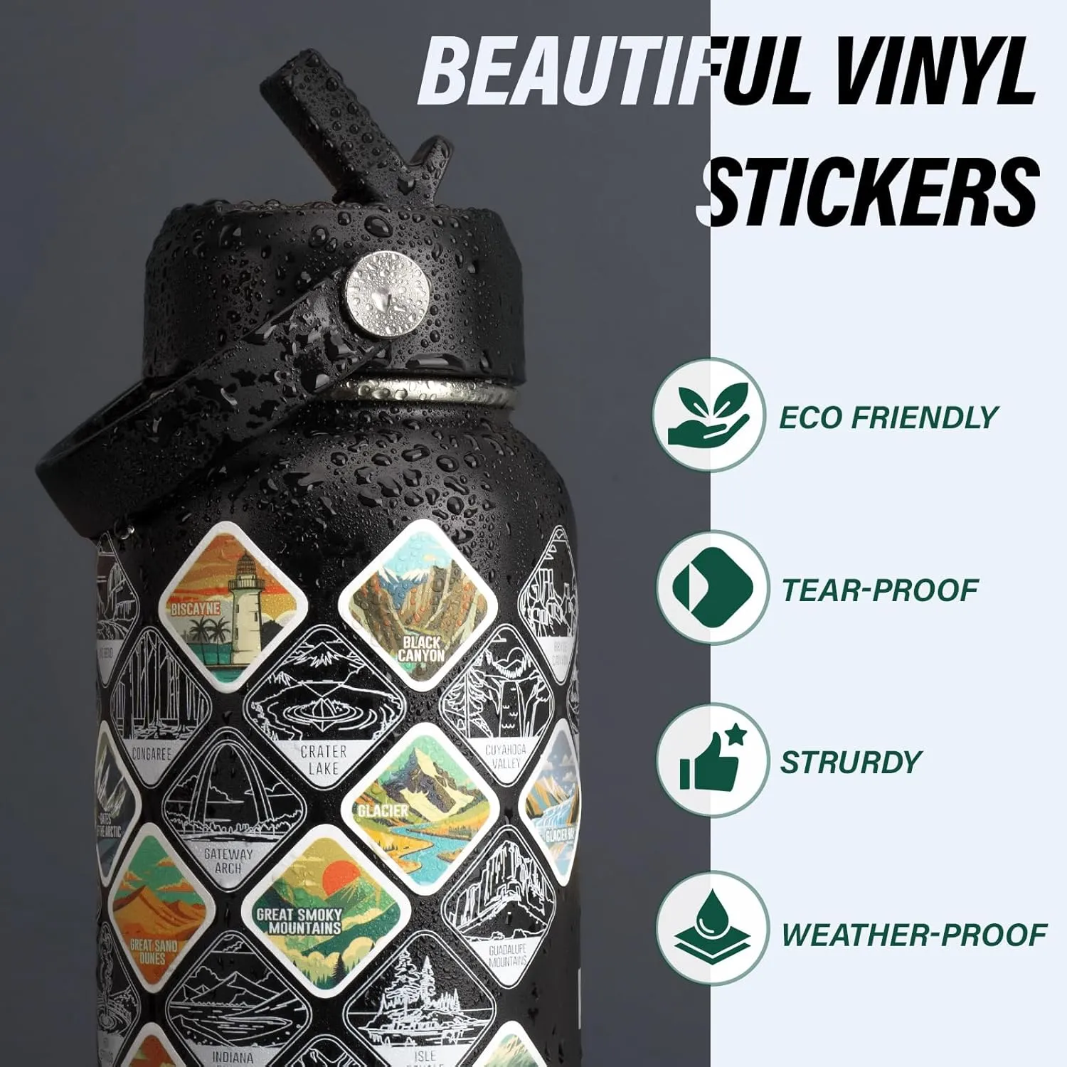 National Parks Water Bottle – 40 oz Insulated Stainless Steel Thermos with 63 Hand-Drawn Park Stickers, Outdoor Accessories & Gift Box – BPA-Free – Ideal for Hiking, Camping & Travel