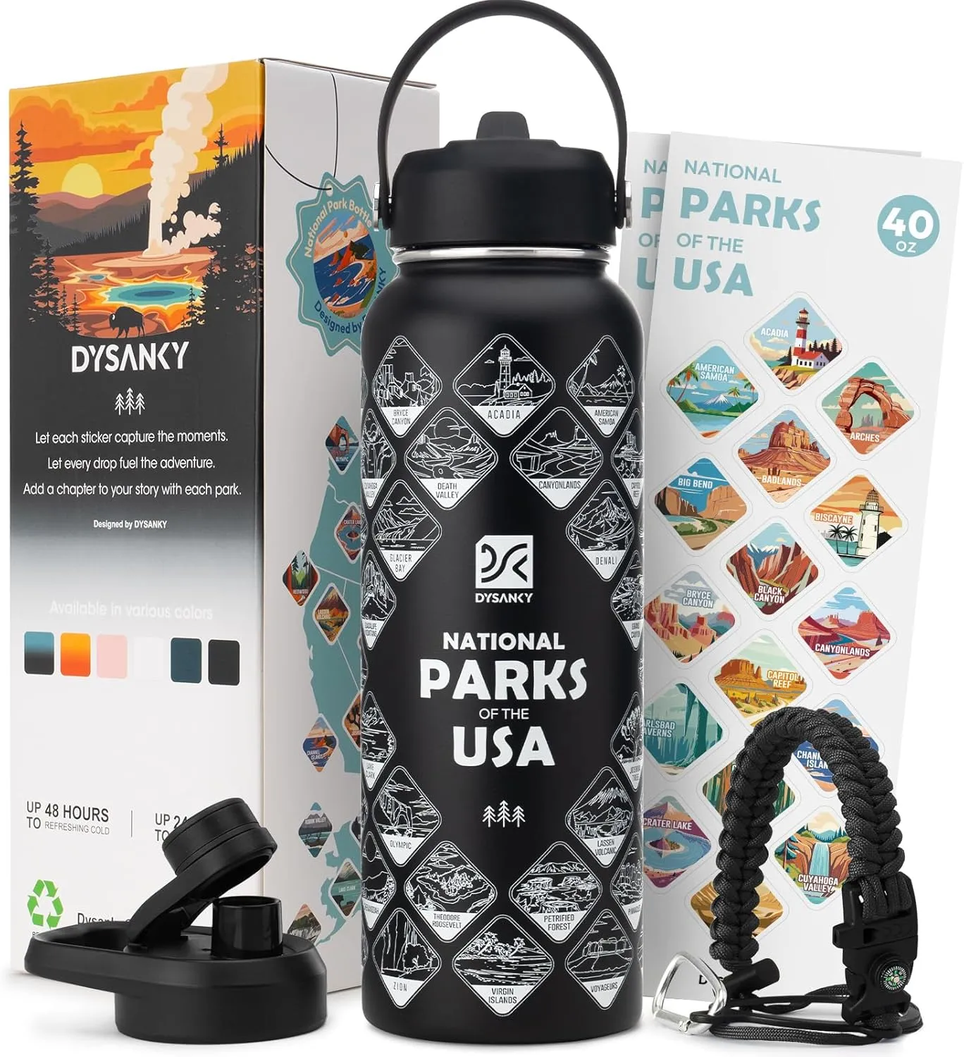 National Parks Water Bottle – 40 oz Insulated Stainless Steel Thermos with 63 Hand-Drawn Park Stickers, Outdoor Accessories & Gift Box – BPA-Free – Ideal for Hiking, Camping & Travel