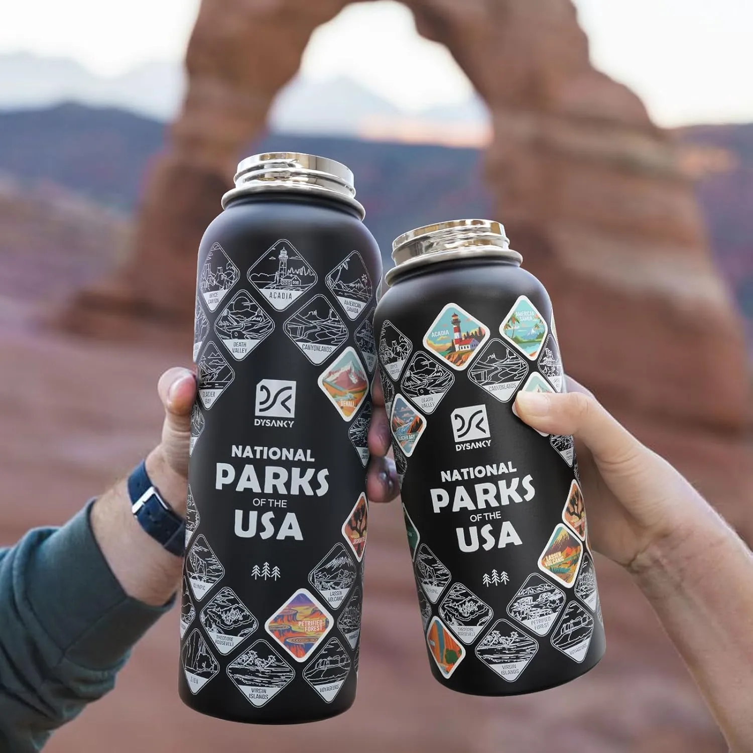 National Parks Water Bottle – 40 oz Insulated Stainless Steel Thermos with 63 Hand-Drawn Park Stickers, Outdoor Accessories & Gift Box – BPA-Free – Ideal for Hiking, Camping & Travel