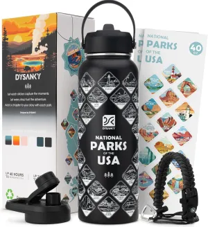 National Parks Water Bottle – 40 oz Insulated Stainless Steel Thermos with 63 Hand-Drawn Park Stickers, Outdoor Accessories & Gift Box – BPA-Free – Ideal for Hiking, Camping & Travel
