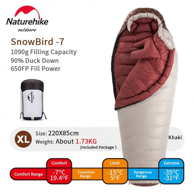 Naturehike Snowbird Mummy Duckdown Extreme Weather Sleeping Bag 1080g Size XL