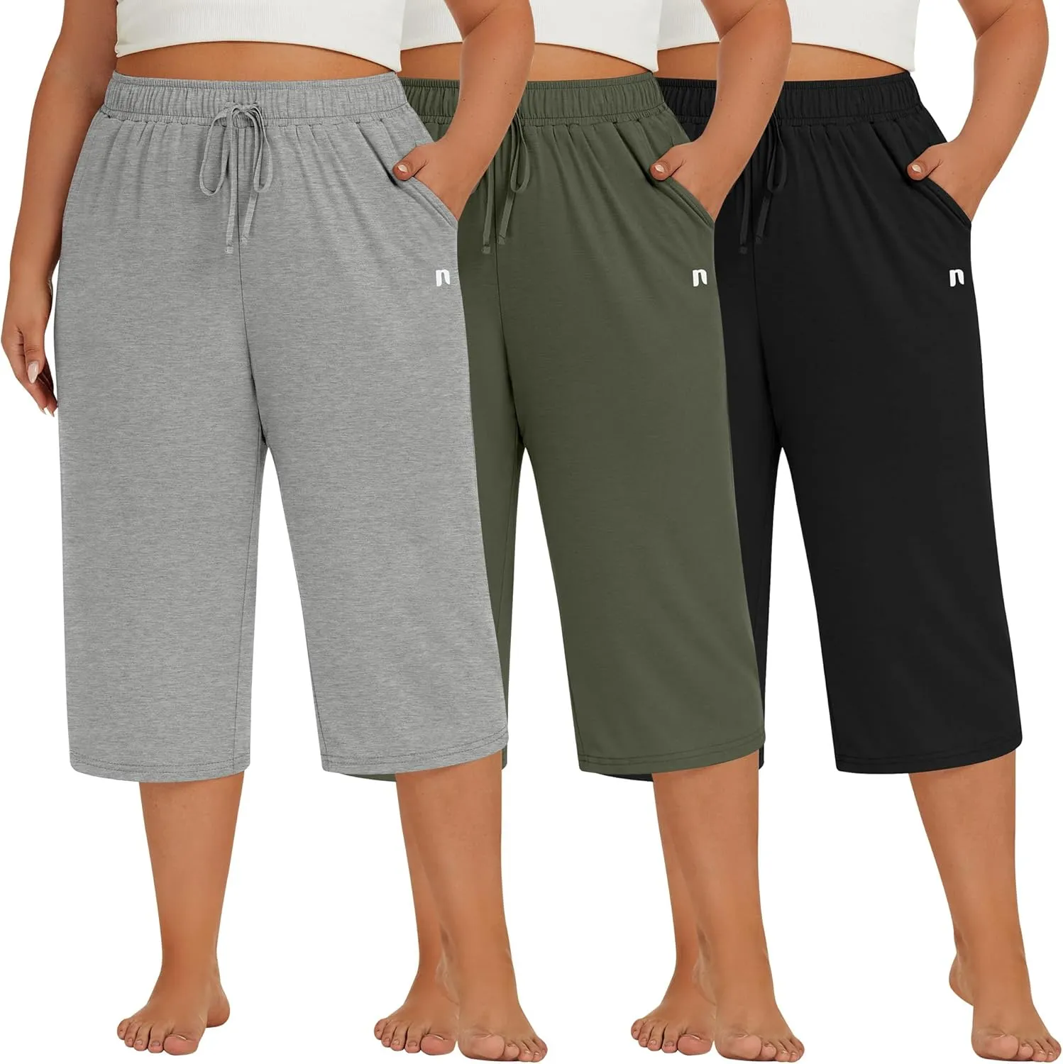 Neer 3 Pack Women's Plus Size Capris, Cotton Wide Leg Pants Casual Drawstring Capri Sweatpants Drawstring Pants with Pockets