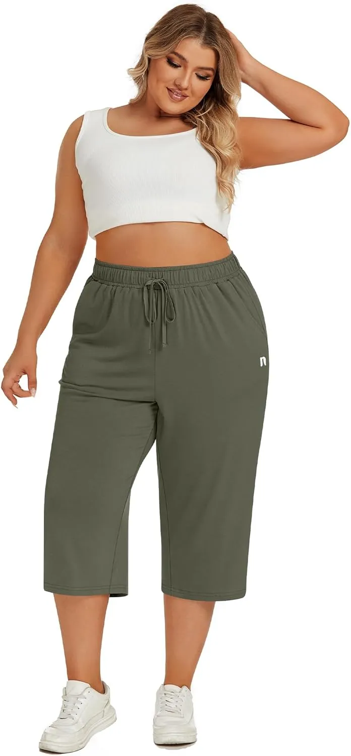 Neer 3 Pack Women's Plus Size Capris, Cotton Wide Leg Pants Casual Drawstring Capri Sweatpants Drawstring Pants with Pockets