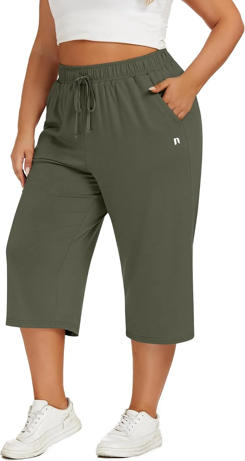 Neer 3 Pack Women's Plus Size Capris, Cotton Wide Leg Pants Casual Drawstring Capri Sweatpants Drawstring Pants with Pockets