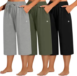 Neer 3 Pack Women's Plus Size Capris, Cotton Wide Leg Pants Casual Drawstring Capri Sweatpants Drawstring Pants with Pockets