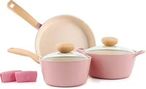 Neoflam Retro 5-Piece Ceramic Nonstick Cookware Set, PFOA Free Pots and Pans with Integrated Steam Vent Lid knob prevents boil over and Heat Resistant Silicone Grips for safer cooking at kitchen, Pink