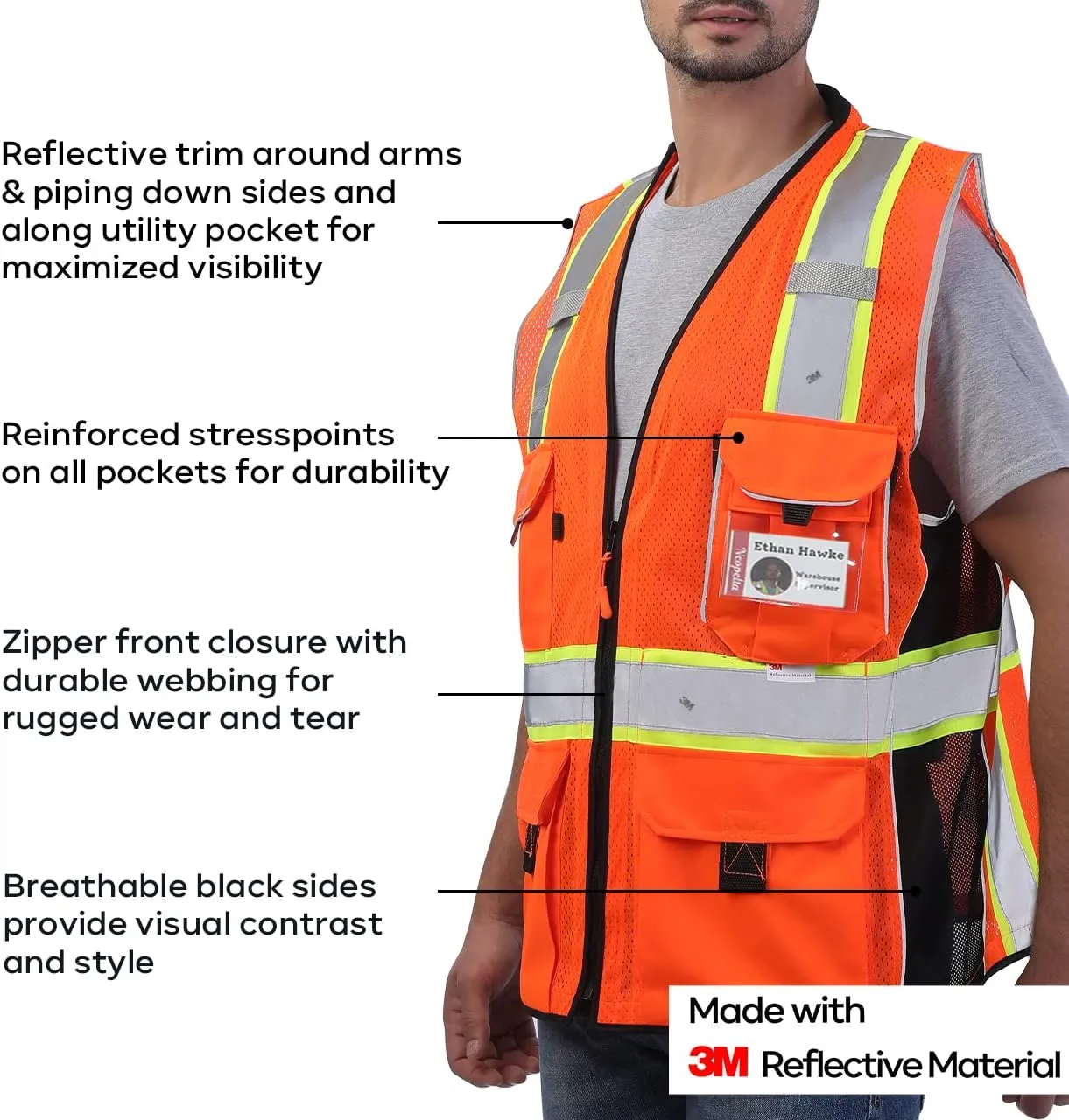 Neopelta Reflective Safety Vest Orange Mesh, Made with 3M Reflective Tape, Heavy Duty Vest with ID pocket, Padded Neck, Orange L