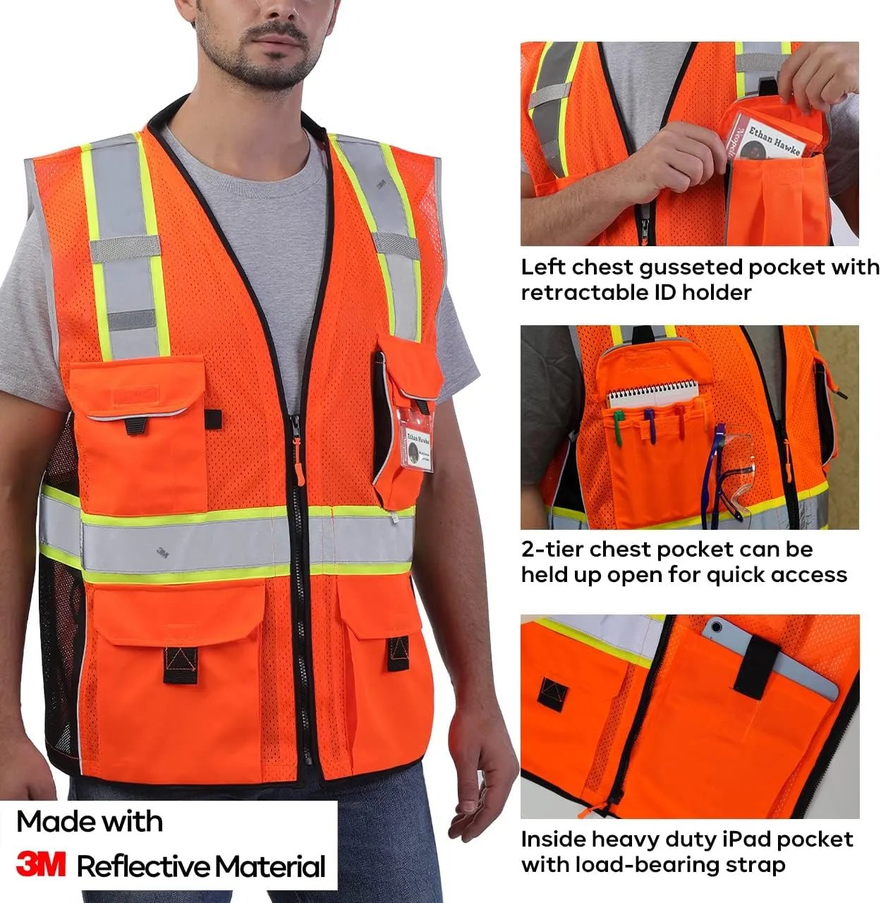 Neopelta Reflective Safety Vest Orange Mesh, Made with 3M Reflective Tape, Heavy Duty Vest with ID pocket, Padded Neck, Orange L