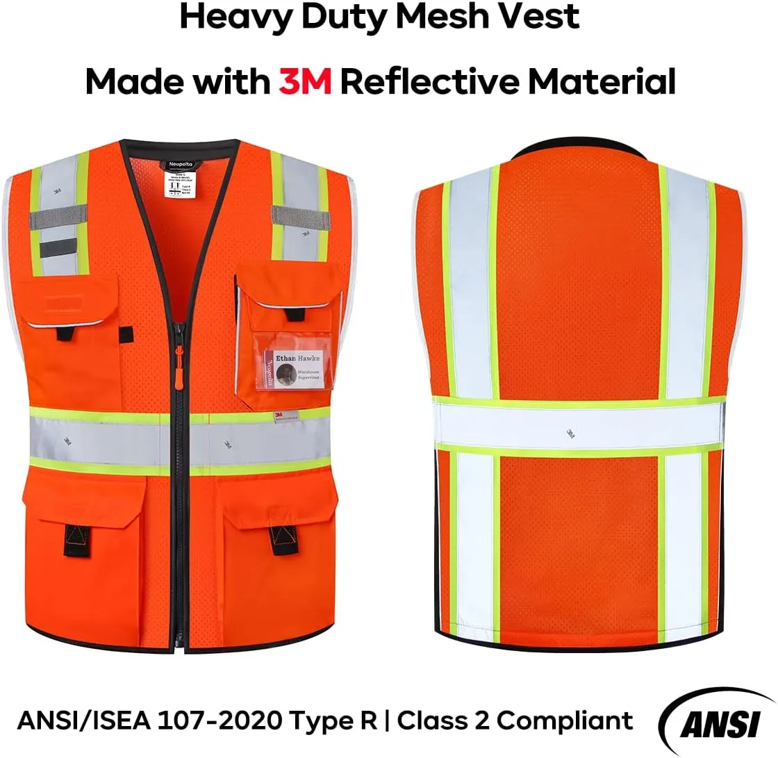Neopelta Reflective Safety Vest Orange Mesh, Made with 3M Reflective Tape, Heavy Duty Vest with ID pocket, Padded Neck, Orange L