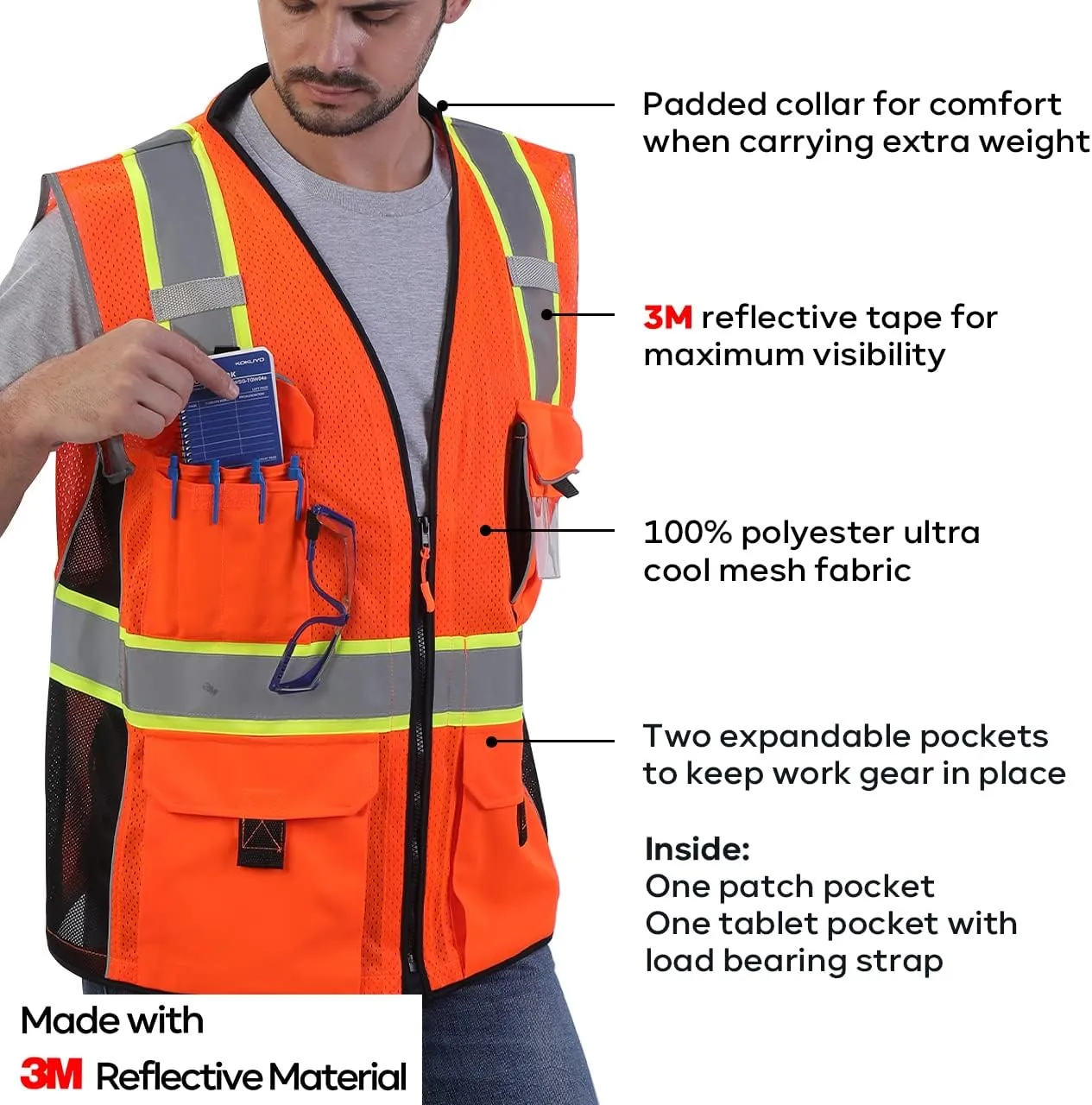 Neopelta Reflective Safety Vest Orange Mesh, Made with 3M Reflective Tape, Heavy Duty Vest with ID pocket, Padded Neck, Orange L