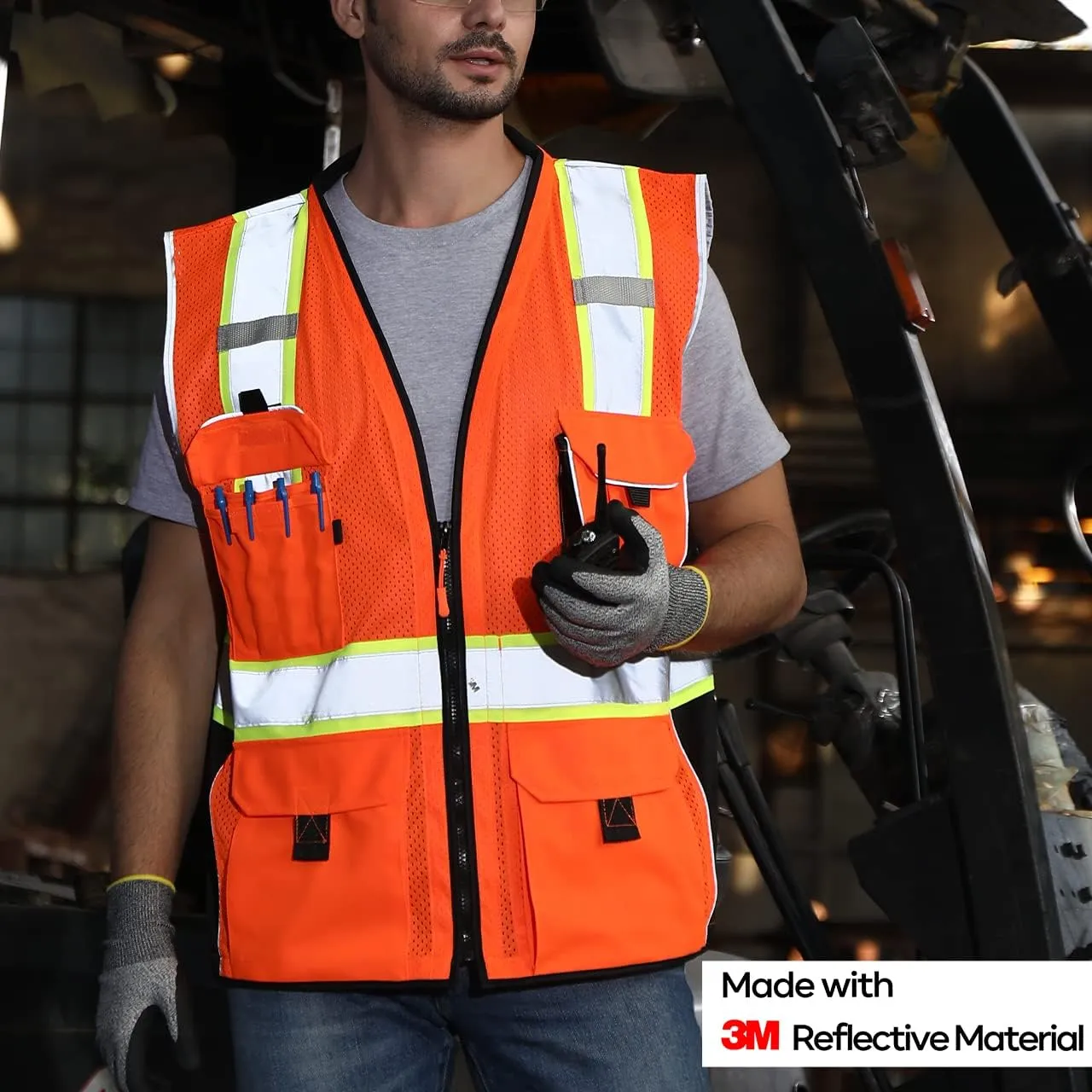 Neopelta Reflective Safety Vest Orange Mesh, Made with 3M Reflective Tape, Heavy Duty Vest with ID pocket, Padded Neck, Orange L