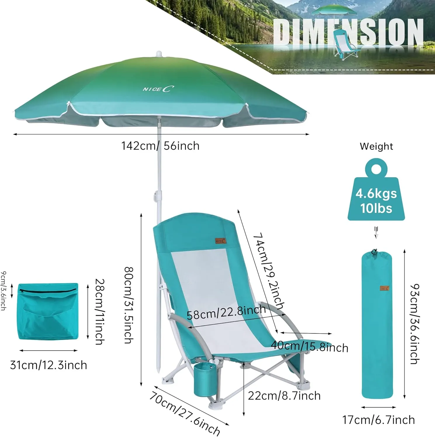 Nice C Beach Chair, Beach Chairs for Adults with Umbrella and Cooler, High Back, Cup Holder & Carry Bag & Heavy Duty Compact Outdoor, Camping (Set of Blue)