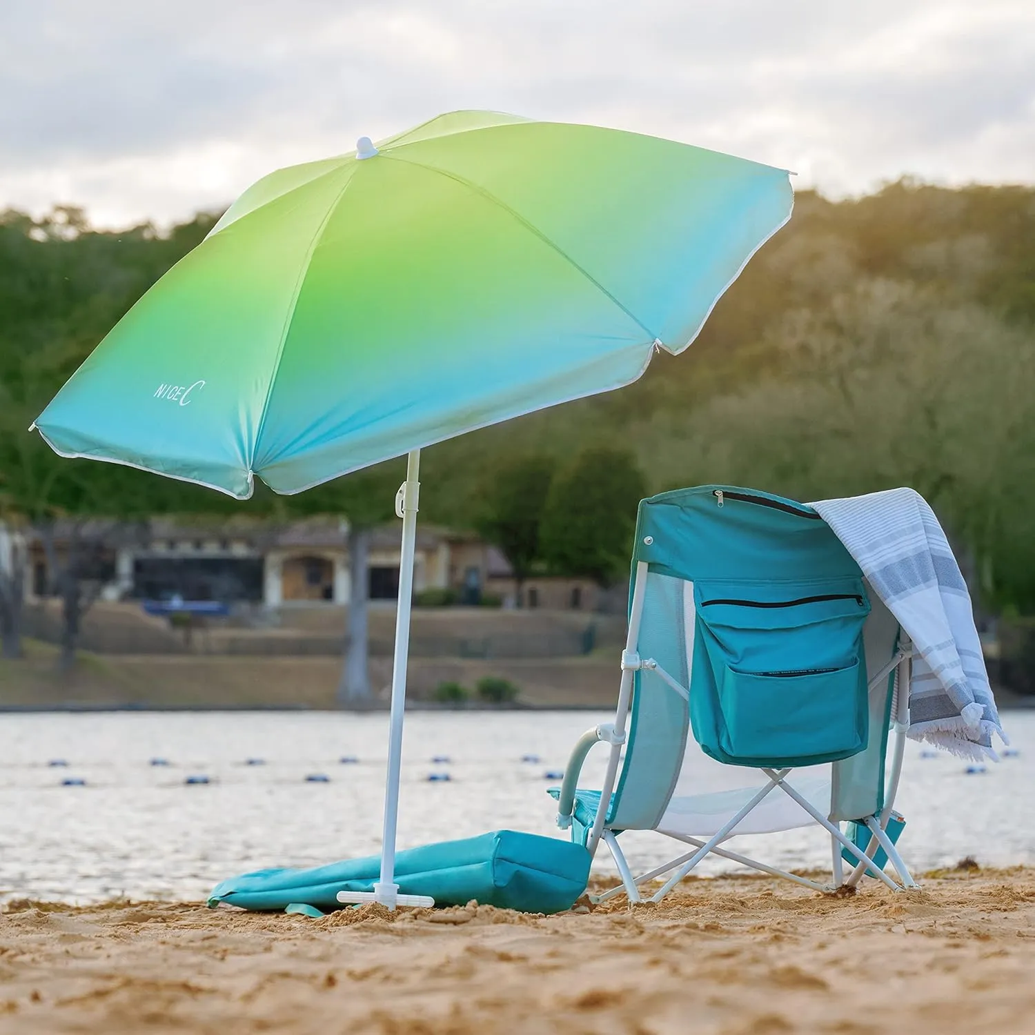 Nice C Beach Chair, Beach Chairs for Adults with Umbrella and Cooler, High Back, Cup Holder & Carry Bag & Heavy Duty Compact Outdoor, Camping (Set of Blue)