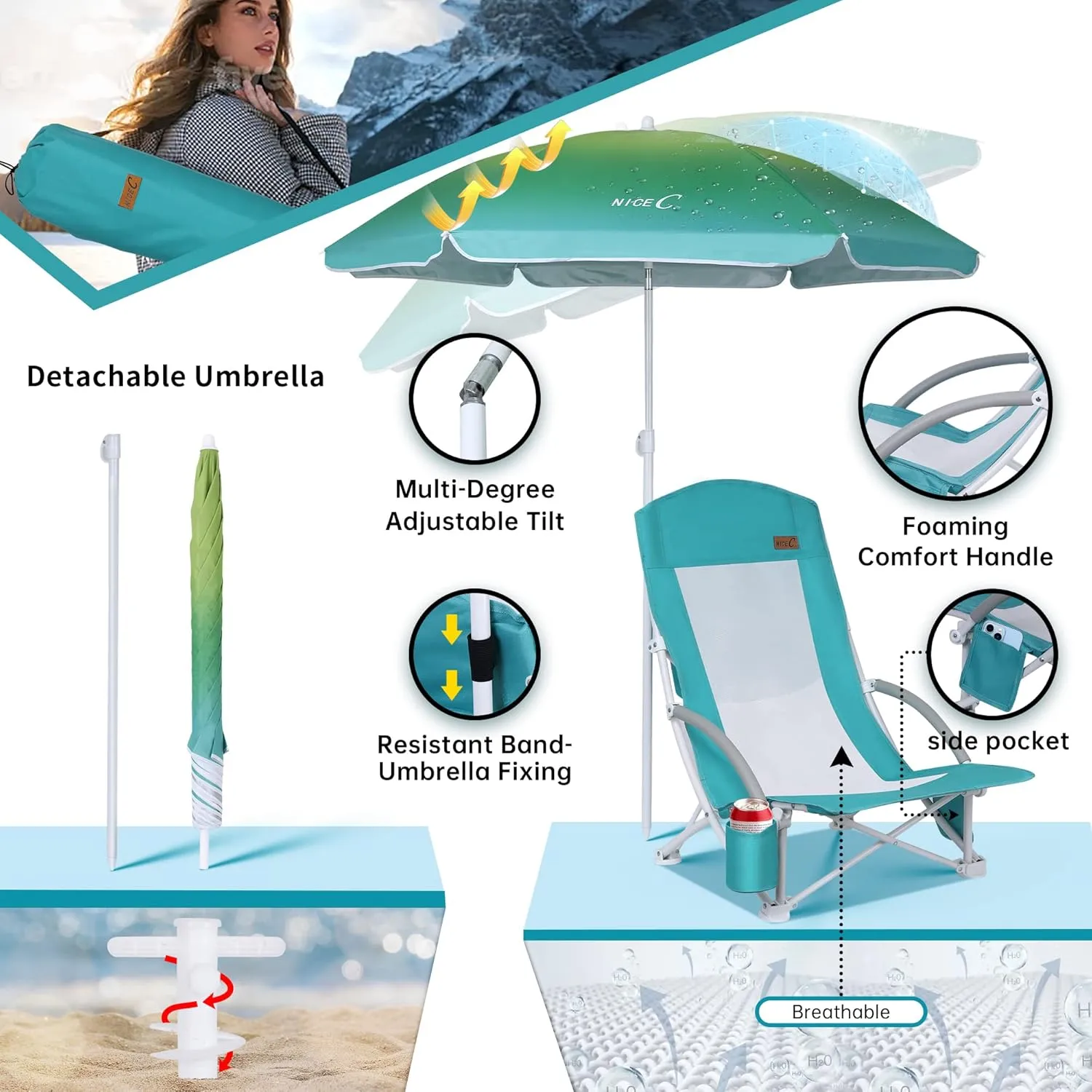Nice C Beach Chair, Beach Chairs for Adults with Umbrella and Cooler, High Back, Cup Holder & Carry Bag & Heavy Duty Compact Outdoor, Camping (Set of Blue)