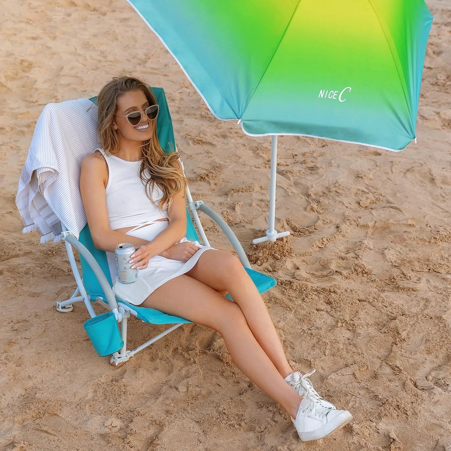Nice C Beach Chair, Beach Chairs for Adults with Umbrella and Cooler, High Back, Cup Holder & Carry Bag & Heavy Duty Compact Outdoor, Camping (Set of Blue)