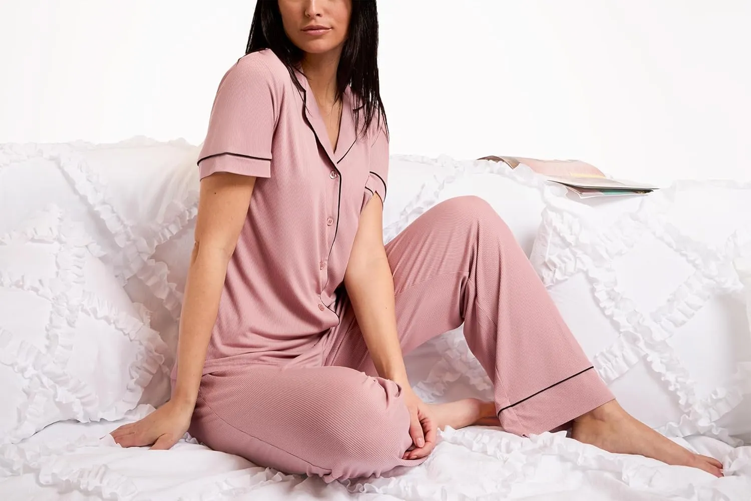 Nicole Miller New York Women's Pajamas 2 Piece Soft Ribbed Notch Collar Button Down PJ Set