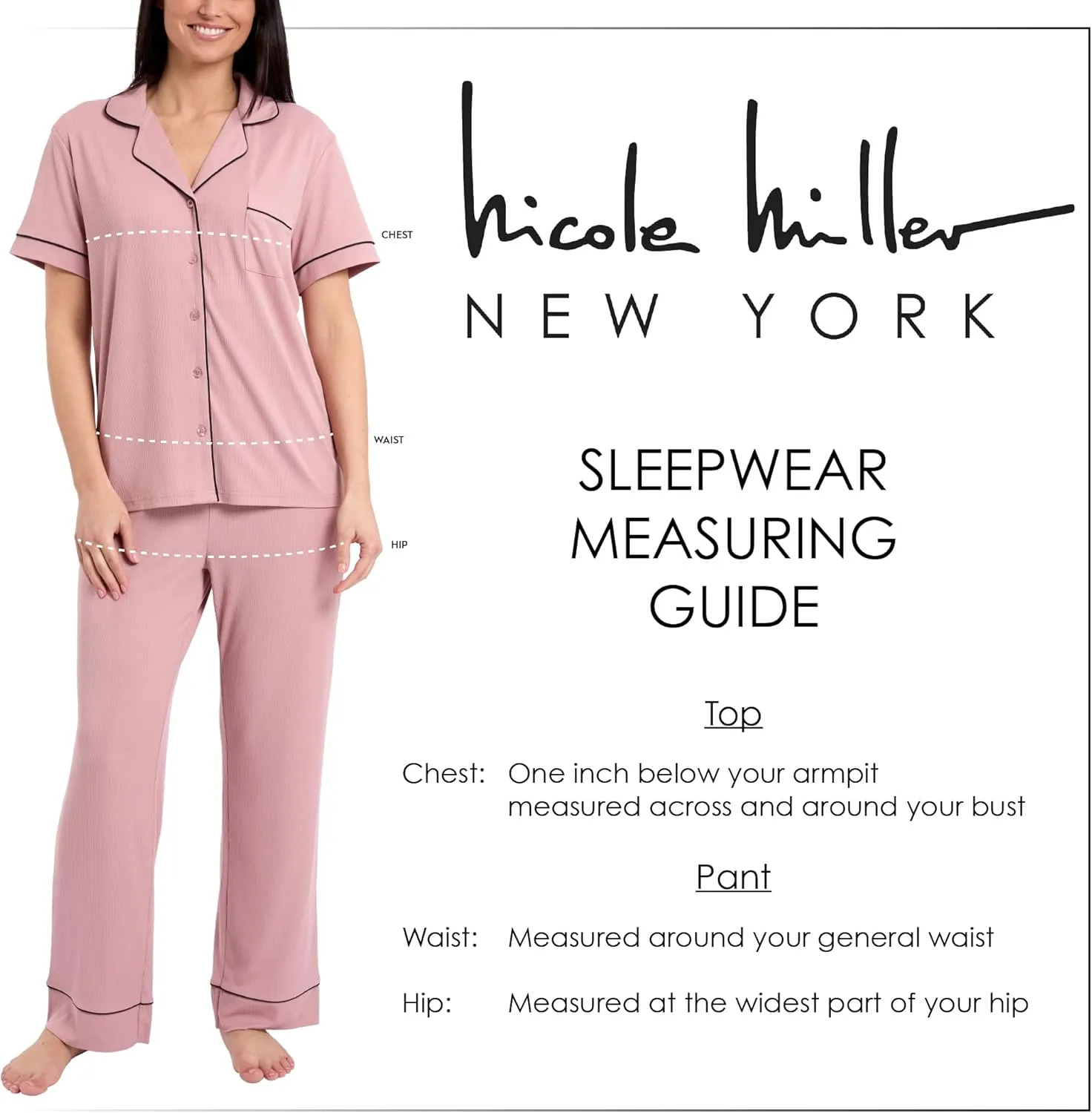 Nicole Miller New York Women's Pajamas 2 Piece Soft Ribbed Notch Collar Button Down PJ Set