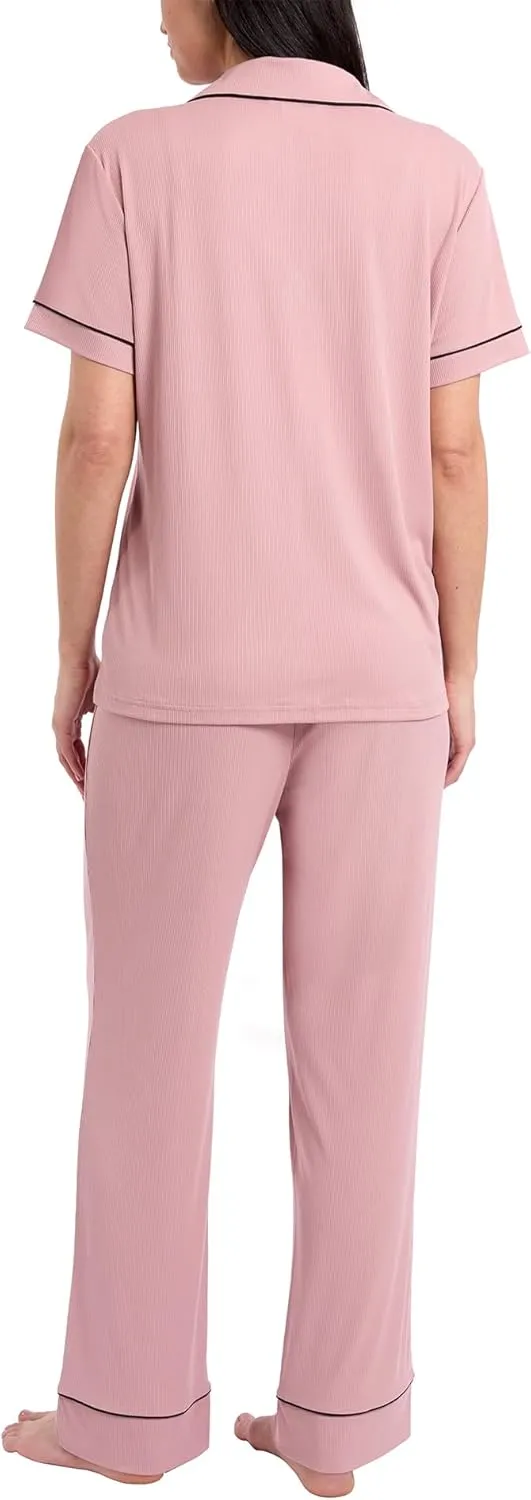 Nicole Miller New York Women's Pajamas 2 Piece Soft Ribbed Notch Collar Button Down PJ Set