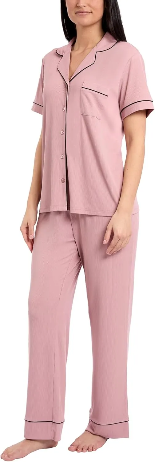 Nicole Miller New York Women's Pajamas 2 Piece Soft Ribbed Notch Collar Button Down PJ Set
