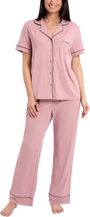 Nicole Miller New York Women's Pajamas 2 Piece Soft Ribbed Notch Collar Button Down PJ Set