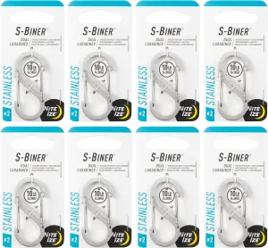 Nite Ize S-Biner Stainless Steel Dual Carabiner - Multi Purpose Dual Carabiner Clip - Great for Camping Supplies & Hiking Essentials - Secure Key Holder - Size 2, Stainless Steel (8 Pack)