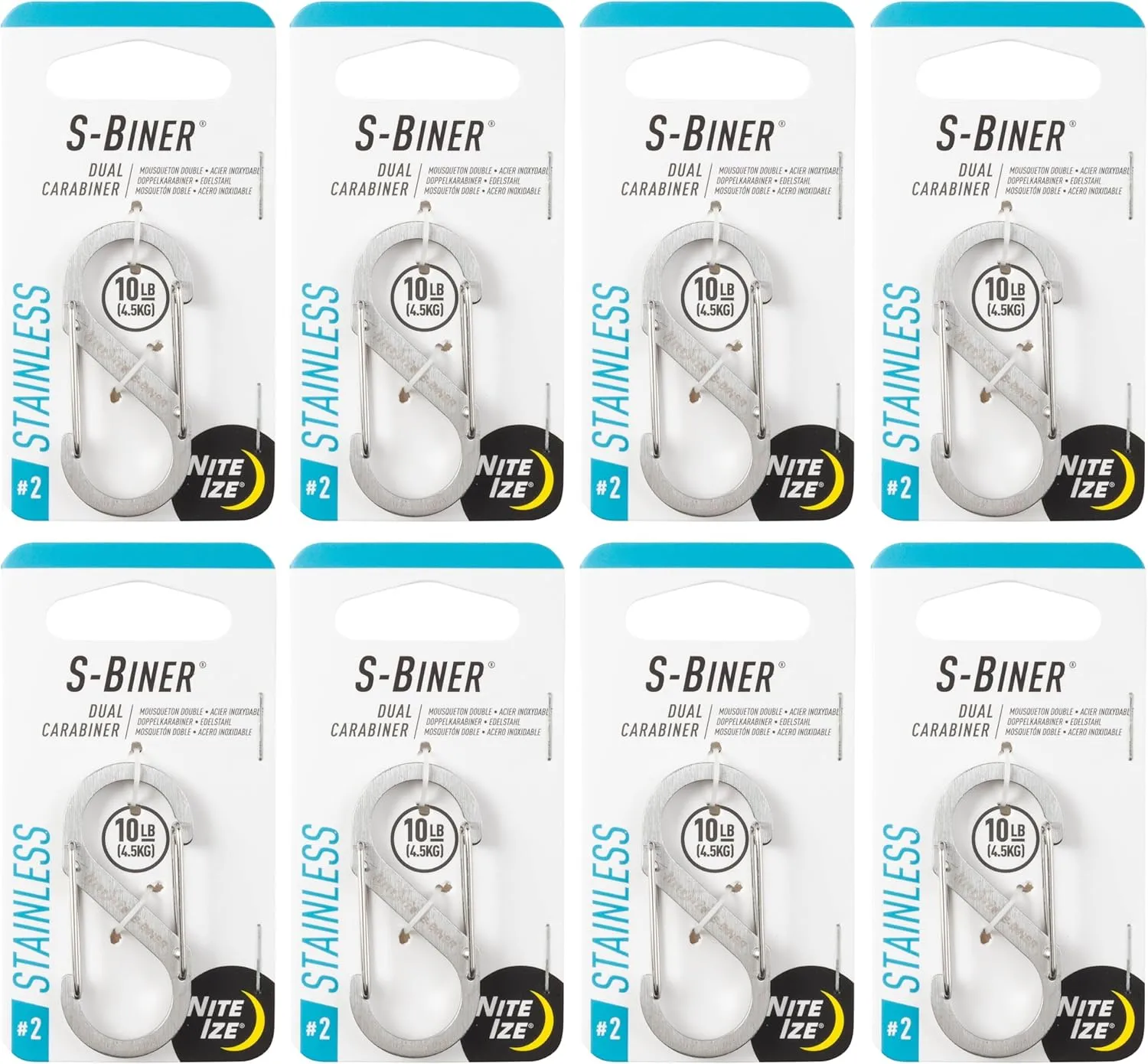 Nite Ize S-Biner Stainless Steel Dual Carabiner - Multi Purpose Dual Carabiner Clip - Great for Camping Supplies & Hiking Essentials - Secure Key Holder - Size 2, Stainless Steel (8 Pack)
