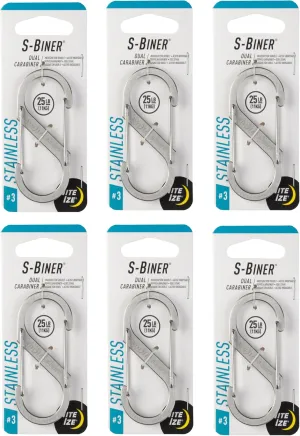 Nite Ize S-Biner Stainless Steel Dual Carabiner - Multi Purpose Dual Carabiner Clip - Great for Camping Supplies & Hiking Essentials - Secure Key Holder - Size 3, Stainless (6 Pack)