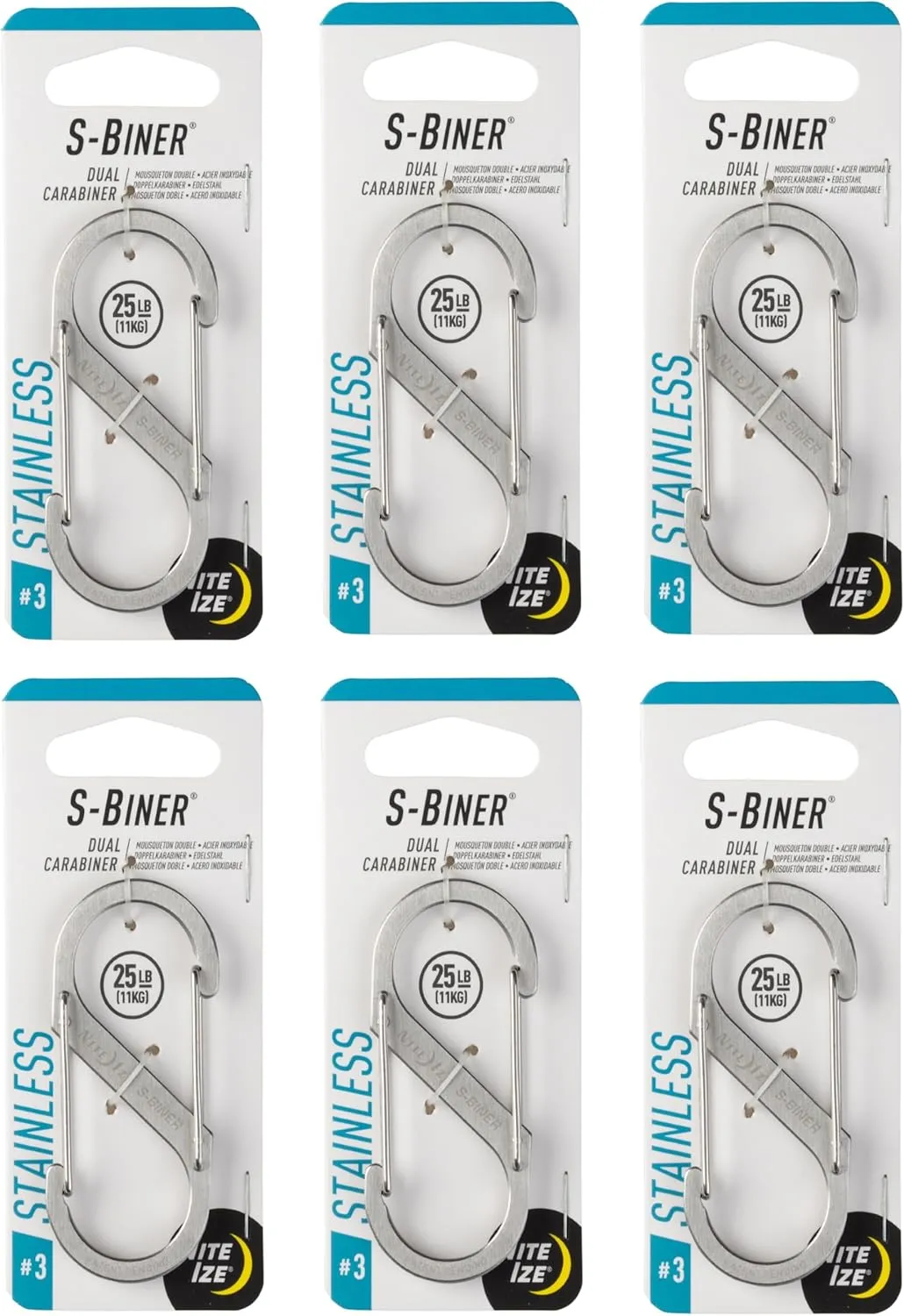 Nite Ize S-Biner Stainless Steel Dual Carabiner - Multi Purpose Dual Carabiner Clip - Great for Camping Supplies & Hiking Essentials - Secure Key Holder - Size 3, Stainless (6 Pack)