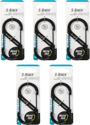 Nite Ize S-Biner Stainless Steel Dual Carabiner - Multi Purpose Dual Carabiner Clip - Great for Camping Supplies & Hiking Essentials - Secure Key Holder - Size 4, Black (5 Pack)