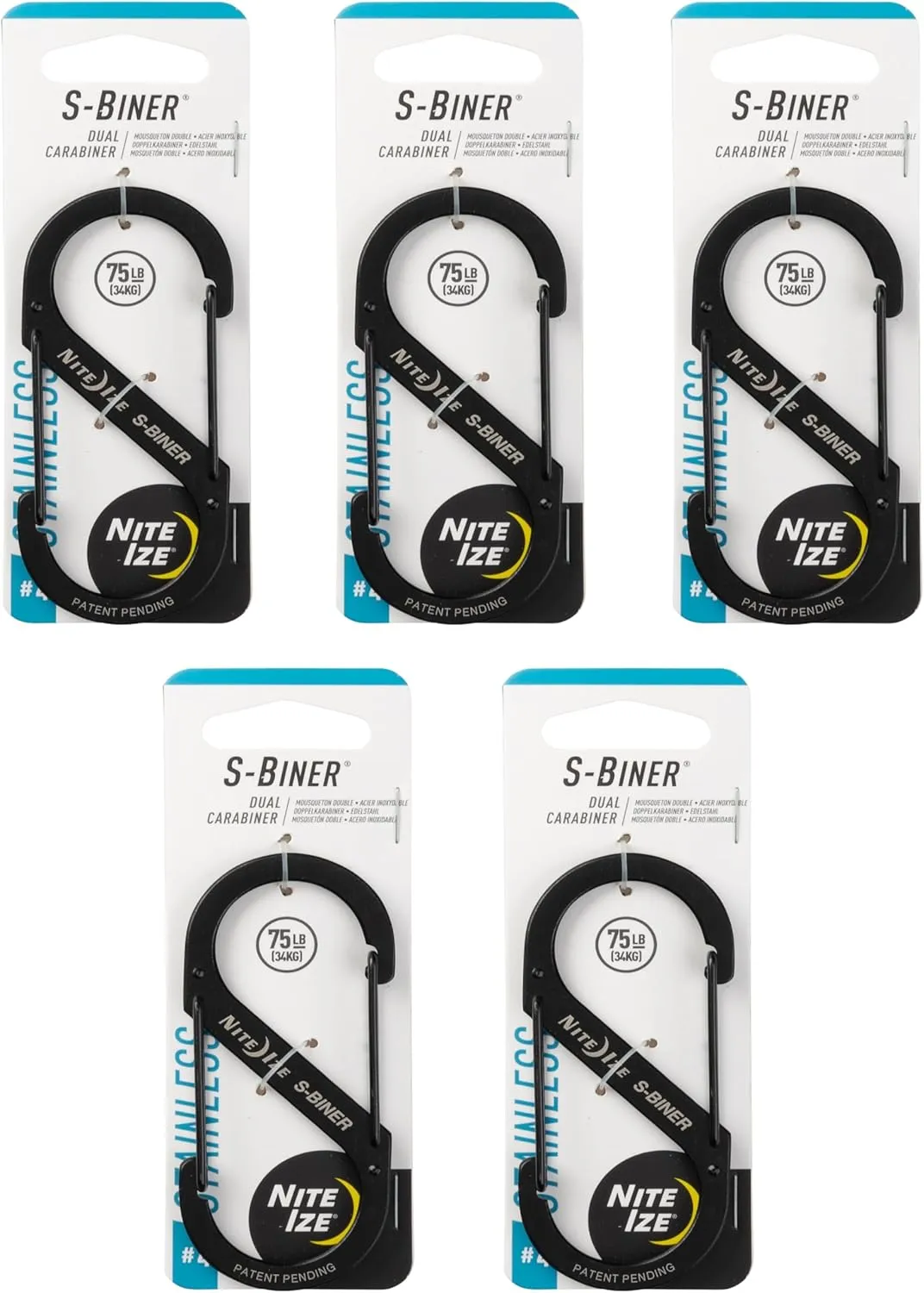 Nite Ize S-Biner Stainless Steel Dual Carabiner - Multi Purpose Dual Carabiner Clip - Great for Camping Supplies & Hiking Essentials - Secure Key Holder - Size 4, Black (5 Pack)