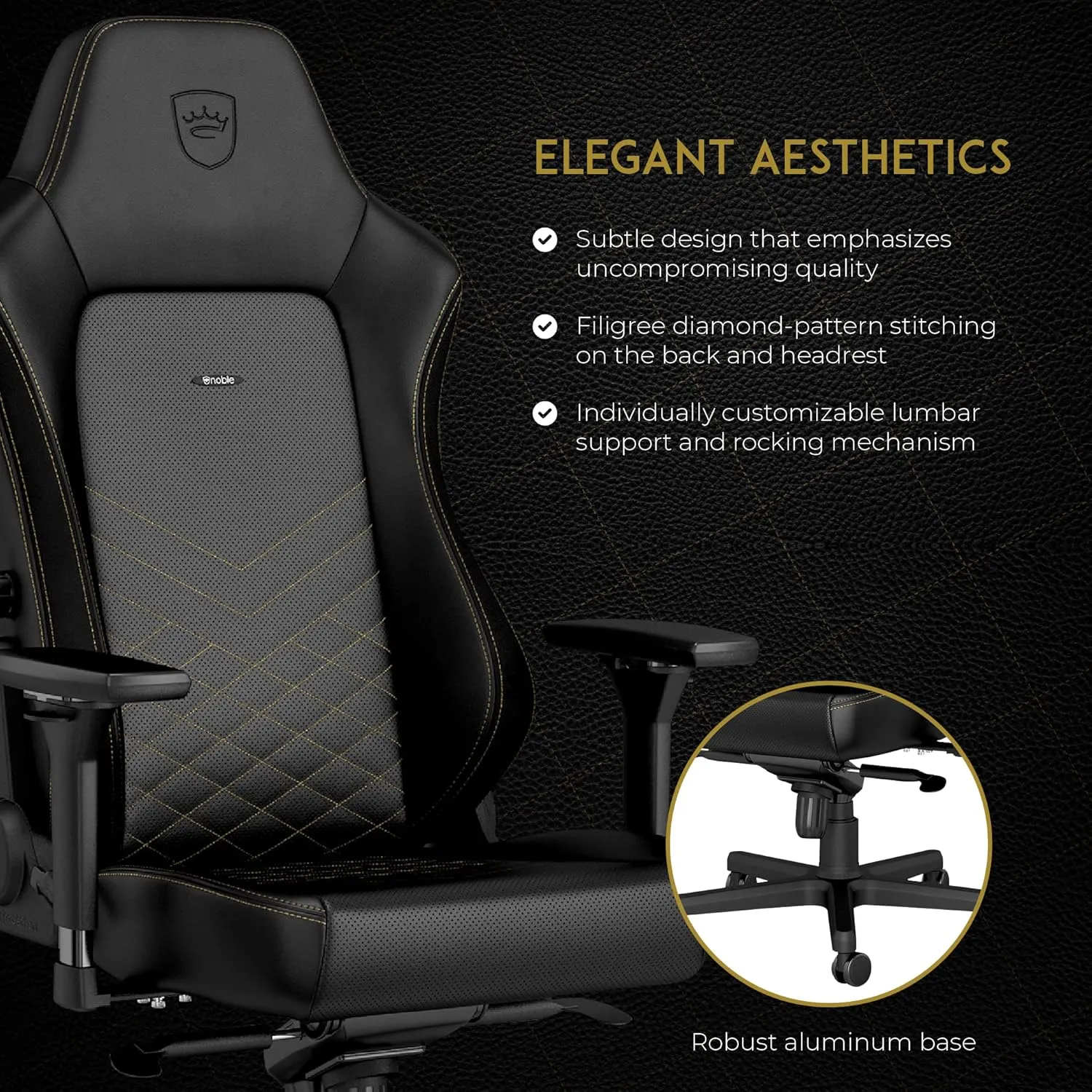 noblechairs Hero Gaming Chair/Office Chair with Lumbar Support, PU Faux Leather, Black/Gold