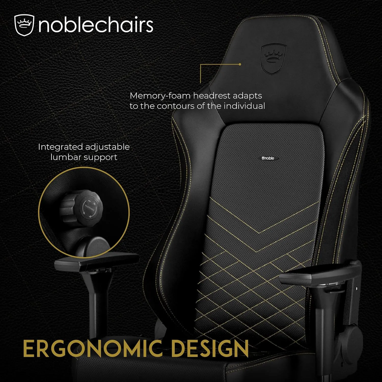 noblechairs Hero Gaming Chair/Office Chair with Lumbar Support, PU Faux Leather, Black/Gold