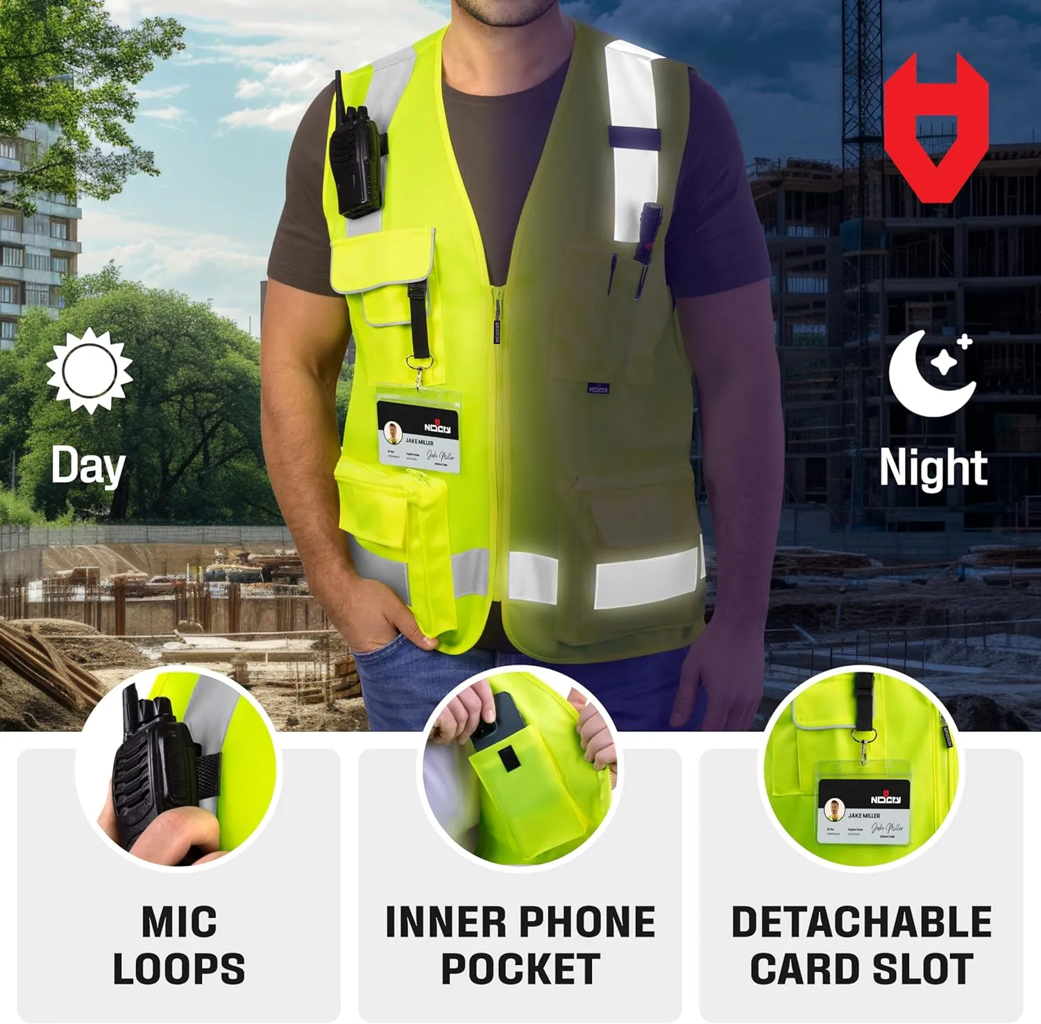 NoCry Premium Reflective Safety Vest for Men with Heavy-Duty Stitching & Phone Pocket — ANSI Class 2 High-Visibility Neon Workwear with Multiple Pockets – Ideal for Construction Workers & Surveyors