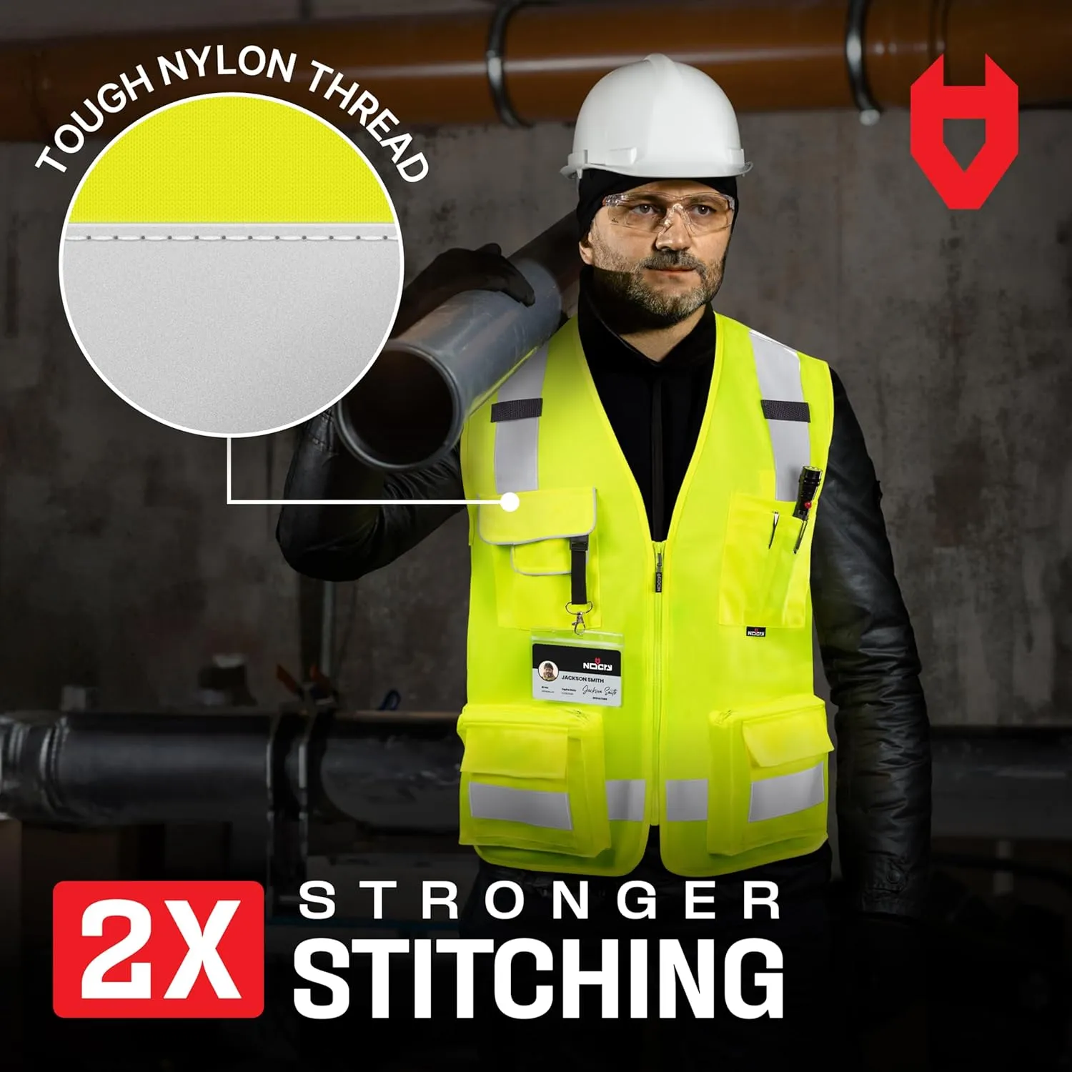 NoCry Premium Reflective Safety Vest for Men with Heavy-Duty Stitching & Phone Pocket — ANSI Class 2 High-Visibility Neon Workwear with Multiple Pockets – Ideal for Construction Workers & Surveyors