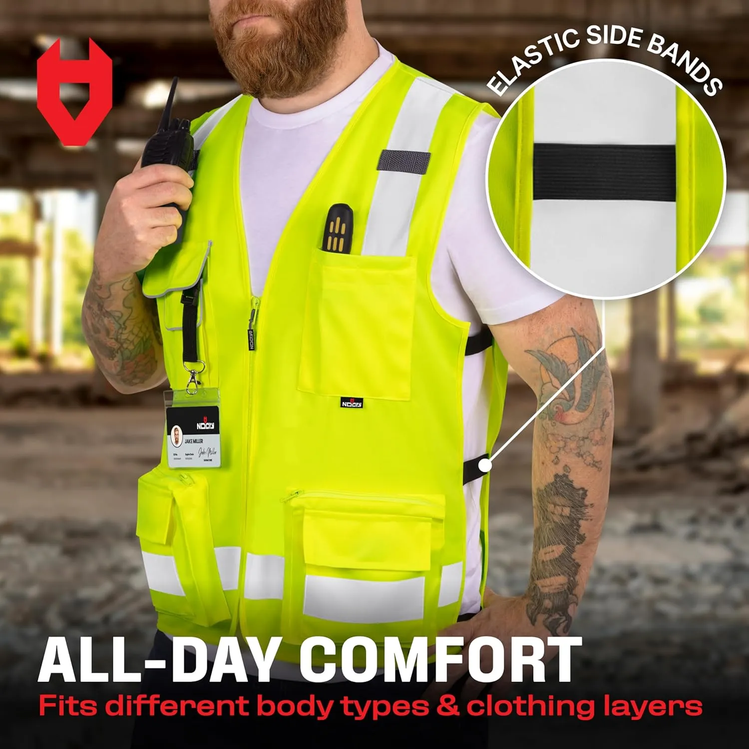 NoCry Premium Reflective Safety Vest for Men with Heavy-Duty Stitching & Phone Pocket — ANSI Class 2 High-Visibility Neon Workwear with Multiple Pockets – Ideal for Construction Workers & Surveyors