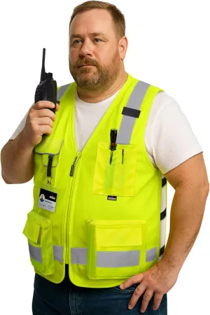 NoCry Premium Reflective Safety Vest for Men with Heavy-Duty Stitching & Phone Pocket — ANSI Class 2 High-Visibility Neon Workwear with Multiple Pockets – Ideal for Construction Workers & Surveyors