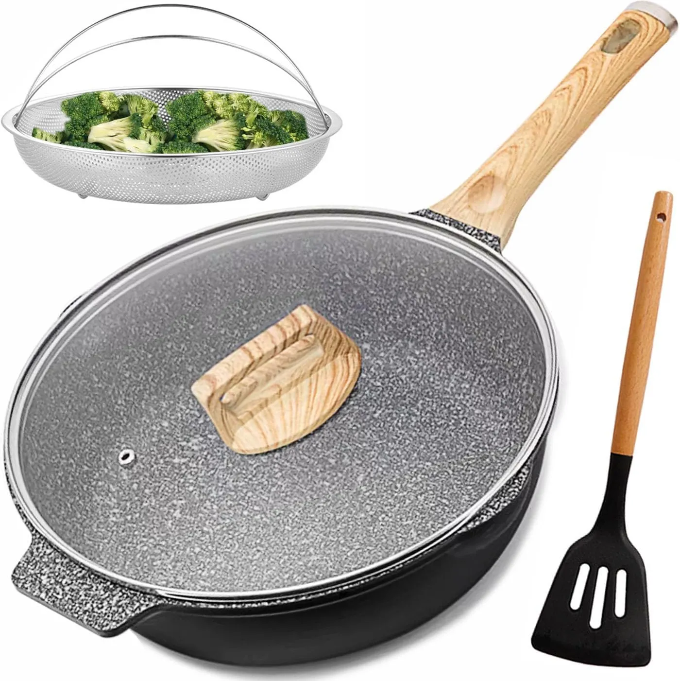 Non Stick Deep Frying Pan with Lid and Strainer, 12 In / 5.5 Quart Saute Pan, Granite Chef Pan Skillet Nonstick for Cooking, 100% PFOA Free Non Toxic Fry Pan for All Stove top Gas Induction