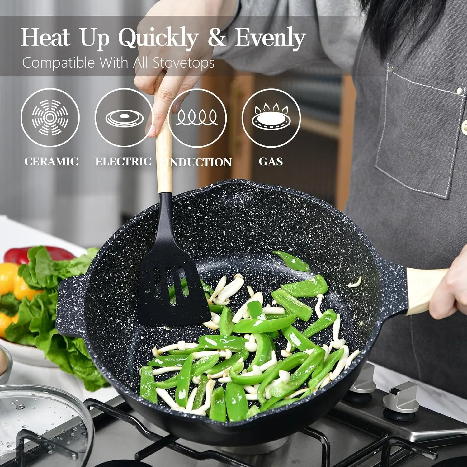 Non Stick Deep Frying Pan with Lid and Strainer, 12 In / 5.5 Quart Saute Pan, Granite Chef Pan Skillet Nonstick for Cooking, 100% PFOA Free Non Toxic Fry Pan for All Stove top Gas Induction