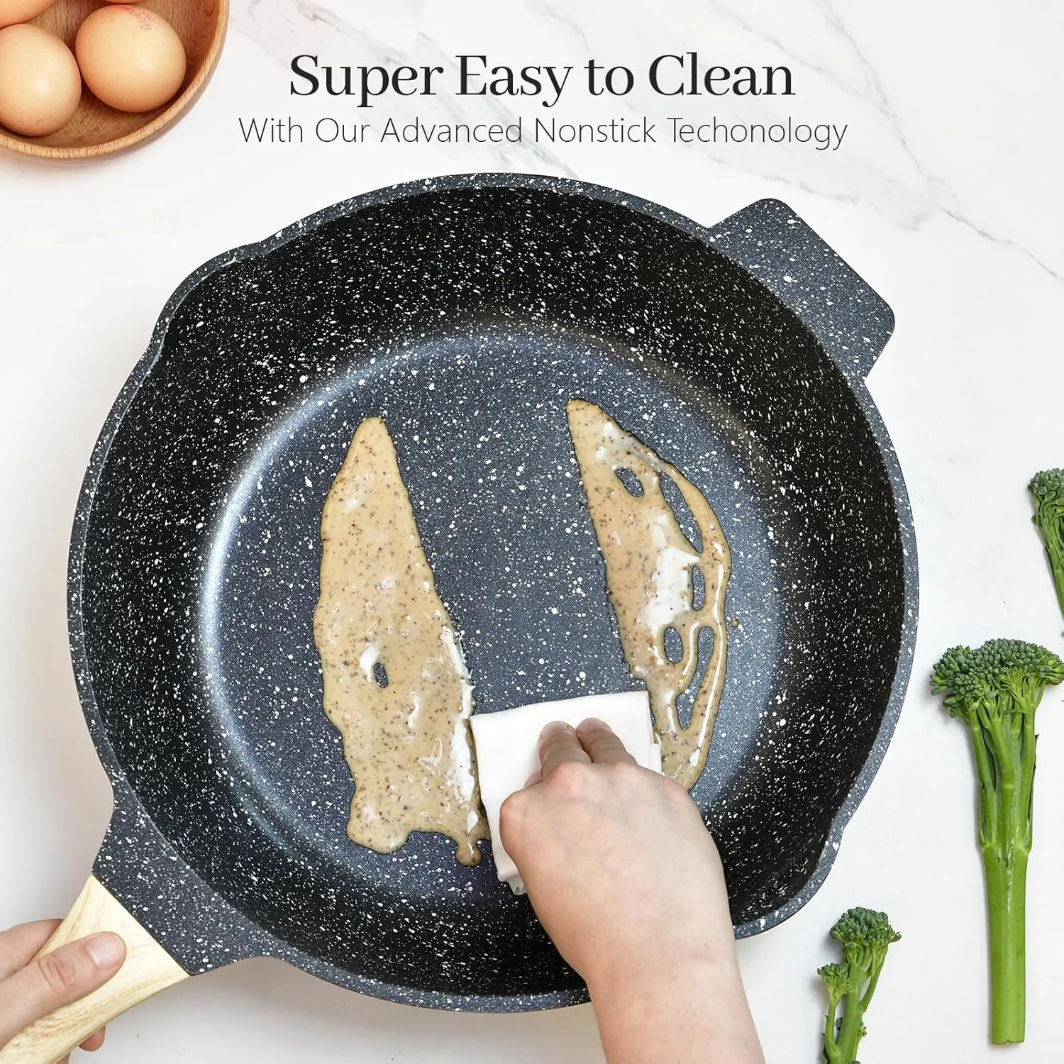 Non Stick Deep Frying Pan with Lid and Strainer, 12 In / 5.5 Quart Saute Pan, Granite Chef Pan Skillet Nonstick for Cooking, 100% PFOA Free Non Toxic Fry Pan for All Stove top Gas Induction
