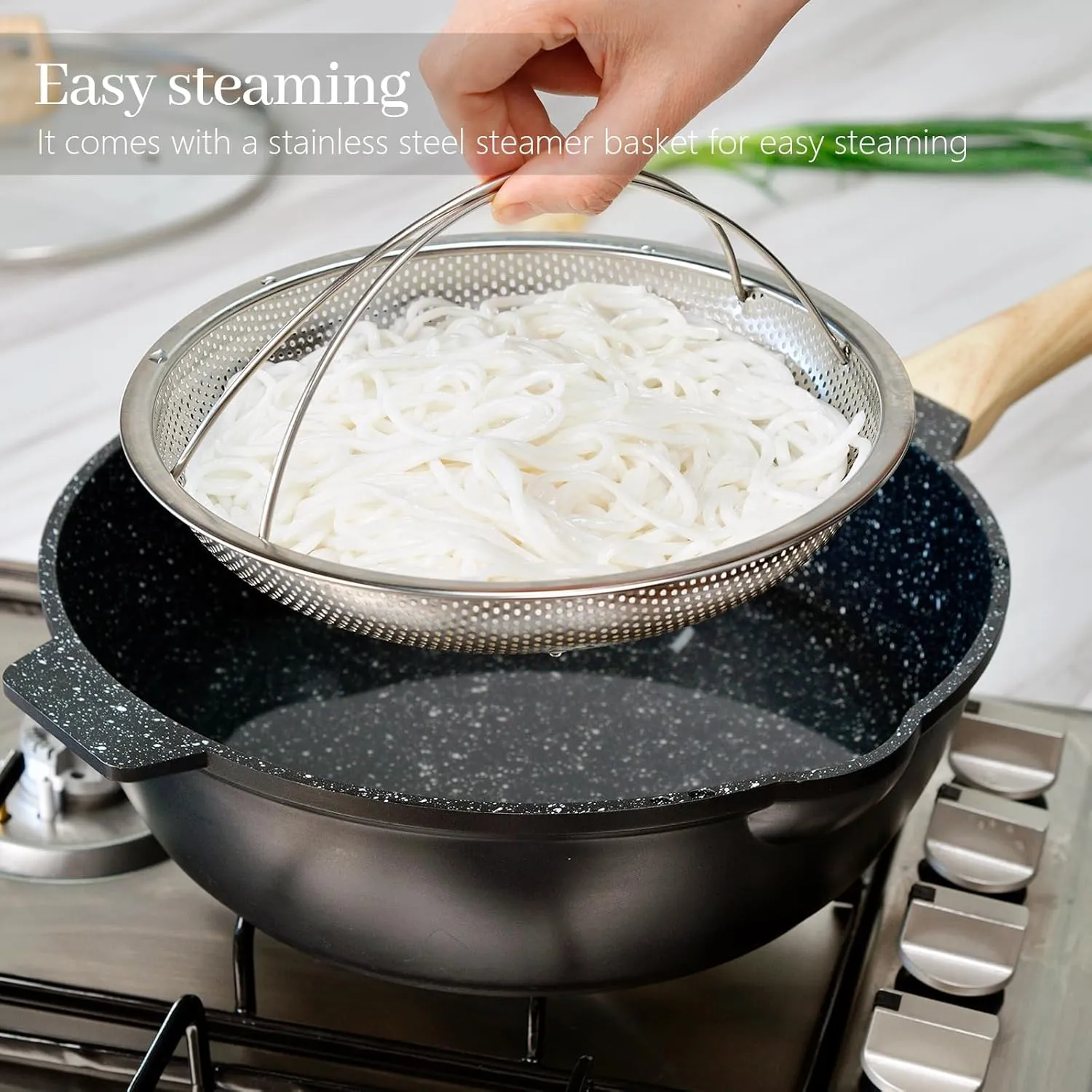 Non Stick Deep Frying Pan with Lid and Strainer, 12 In / 5.5 Quart Saute Pan, Granite Chef Pan Skillet Nonstick for Cooking, 100% PFOA Free Non Toxic Fry Pan for All Stove top Gas Induction