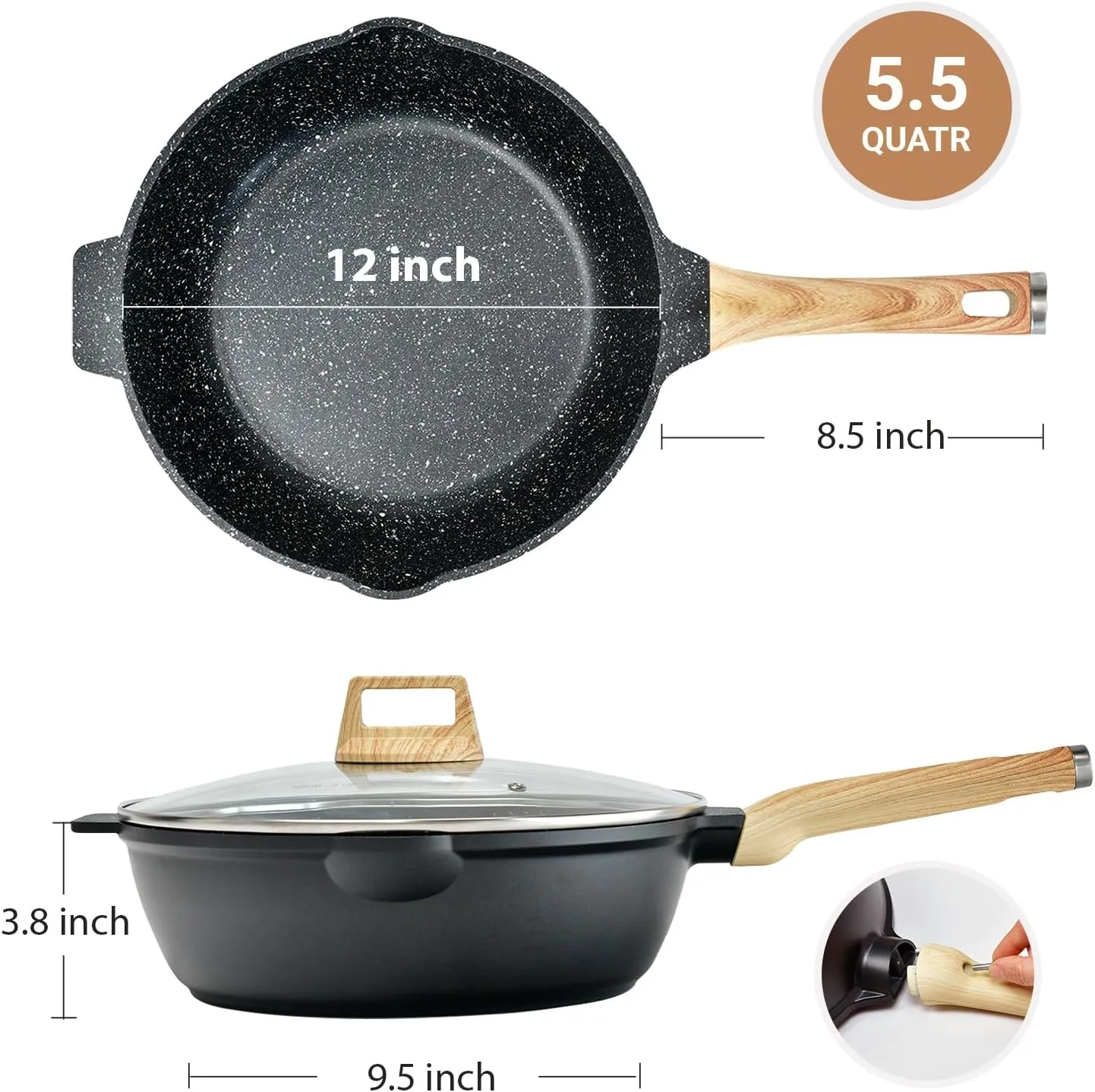 Non Stick Deep Frying Pan with Lid and Strainer, 12 In / 5.5 Quart Saute Pan, Granite Chef Pan Skillet Nonstick for Cooking, 100% PFOA Free Non Toxic Fry Pan for All Stove top Gas Induction