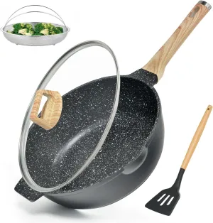 Non Stick Deep Frying Pan with Lid and Strainer, 12 In / 5.5 Quart Saute Pan, Granite Chef Pan Skillet Nonstick for Cooking, 100% PFOA Free Non Toxic Fry Pan for All Stove top Gas Induction