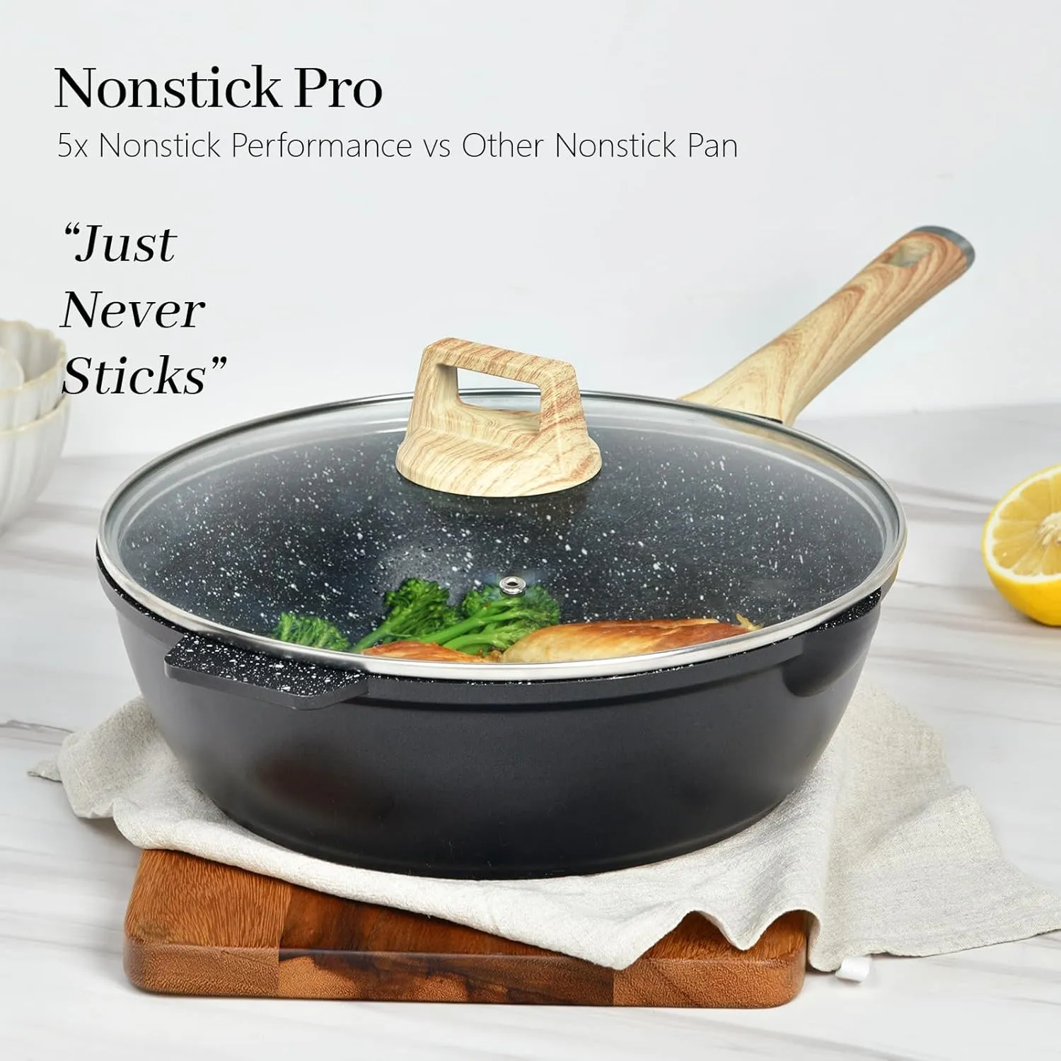 Non Stick Deep Frying Pan with Lid and Strainer, 12 In / 5.5 Quart Saute Pan, Granite Chef Pan Skillet Nonstick for Cooking, 100% PFOA Free Non Toxic Fry Pan for All Stove top Gas Induction