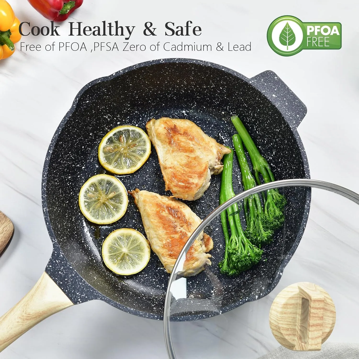 Non Stick Deep Frying Pan with Lid and Strainer, 12 In / 5.5 Quart Saute Pan, Granite Chef Pan Skillet Nonstick for Cooking, 100% PFOA Free Non Toxic Fry Pan for All Stove top Gas Induction