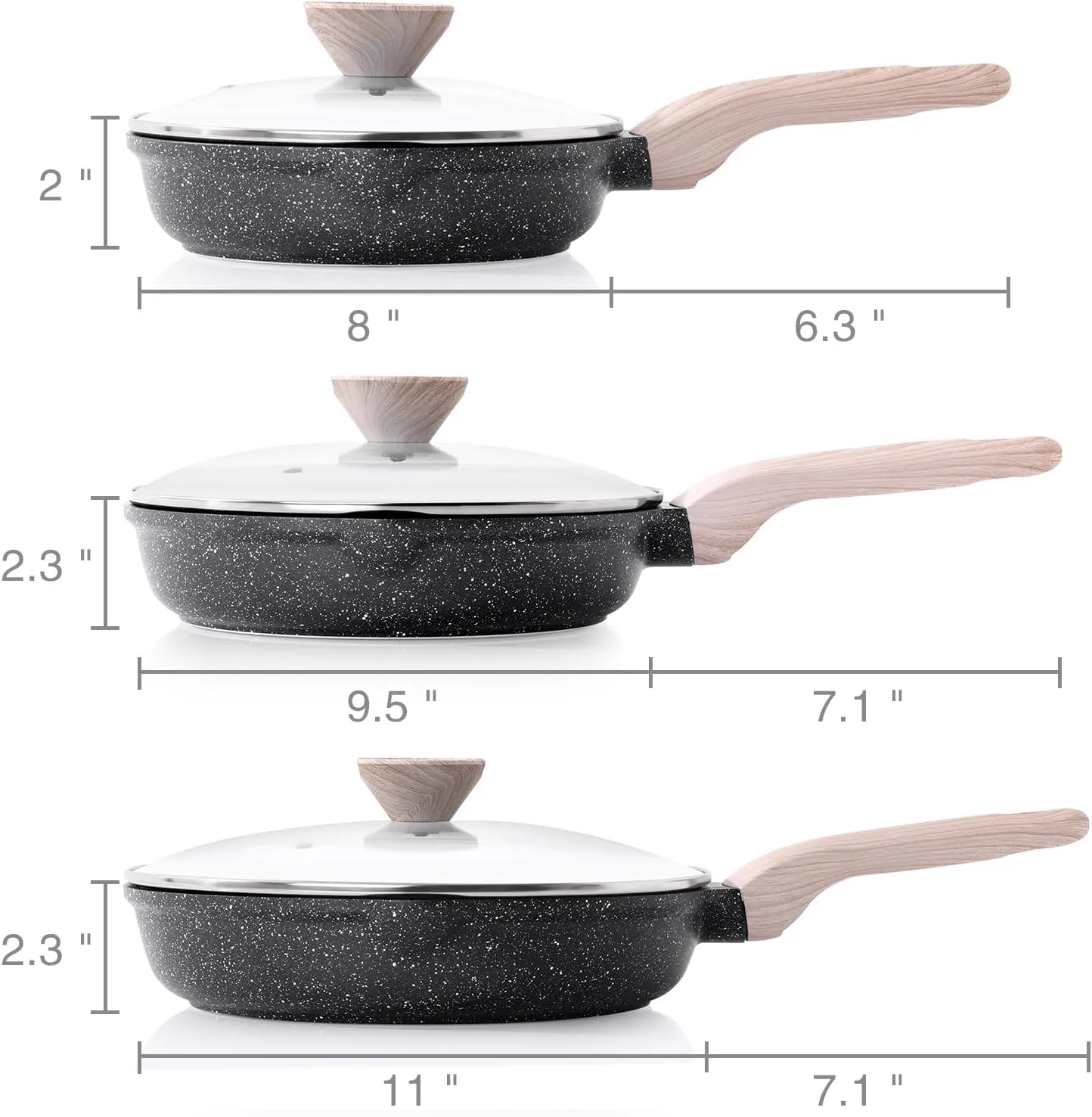 Nonstick Frying Pan Set with Lids, 3 Piece Skillet Set, Healthy Induction Cooking Pan, Stay-Cool Handle, Compatible with All Stovetops, PFOA Free (8, 9.5, 11 Inch)