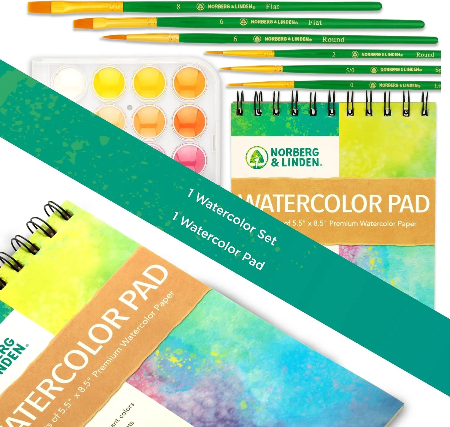 Norberg & Linden Watercolor Paint Set - 36 Premium Paints - 12 Page Pad - 6 Brushes - Painting Supplies with Palette, Watercolors, Art Pad Paper and Artist Brushes