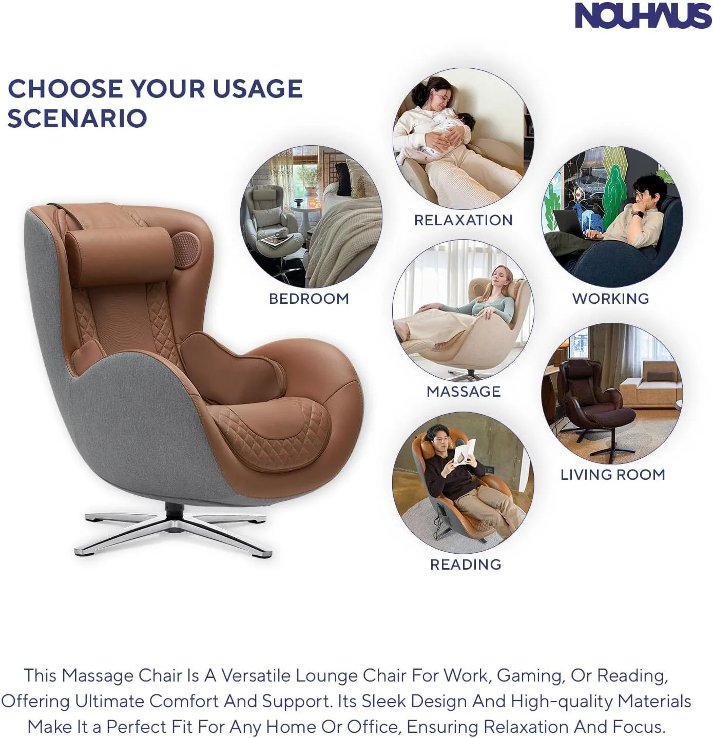 Nouhaus Classic Massage Chair with Ottoman – Caramel Leather Recliner with Percussive Shiatsu Massager, Built-in Speaker & Full Body Spot Massage – Ultimate Comfort for Home & Office
