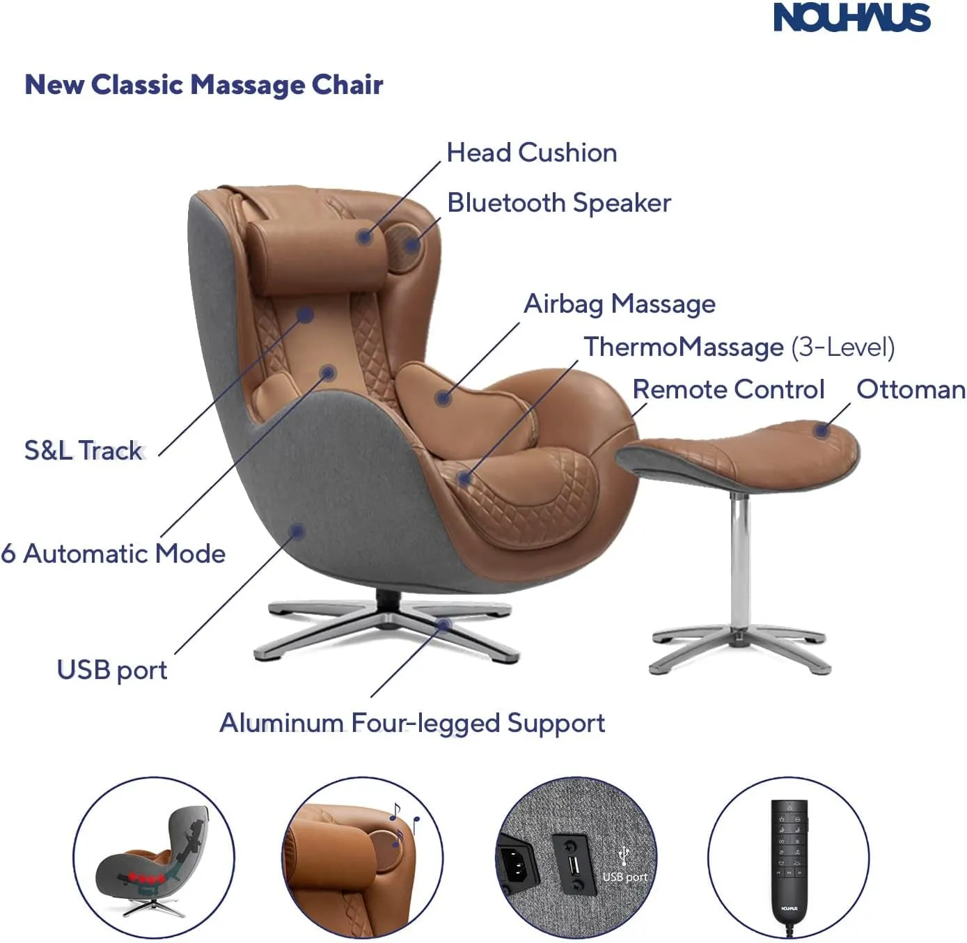 Nouhaus Classic Massage Chair with Ottoman – Caramel Leather Recliner with Percussive Shiatsu Massager, Built-in Speaker & Full Body Spot Massage – Ultimate Comfort for Home & Office